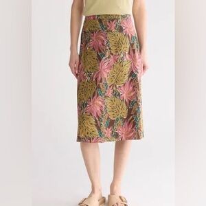 Madewell Tropical Print Linen Blend Midi Skirt In Dark Coffee, size 8, EUC